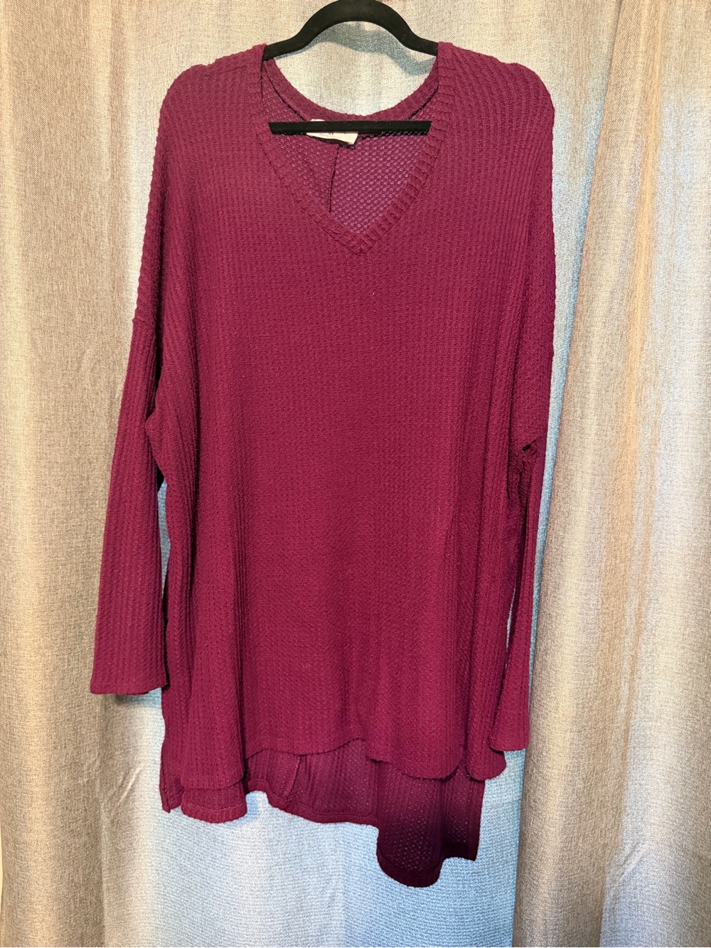 V-Neck Waffle Knit Sweater Tunic in Deep Berry